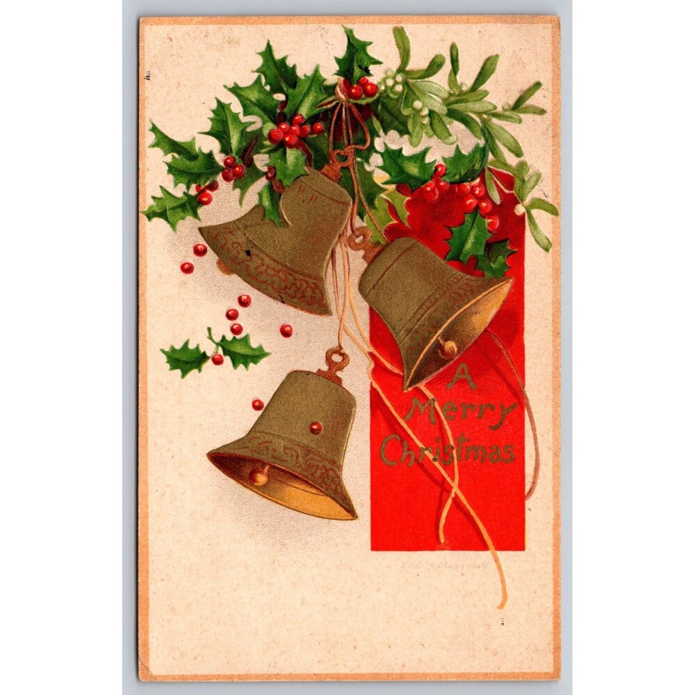 Postcard Merry Christmas Gold Bells Ellen Clapsaddle Posted 1909 Millerstown PA